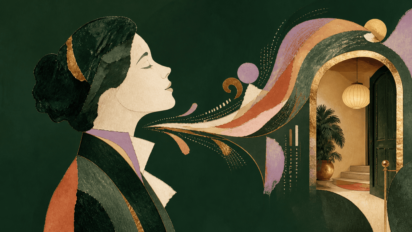 Editorial portrait with expressive painted forms flowing into a welcoming hotel doorway