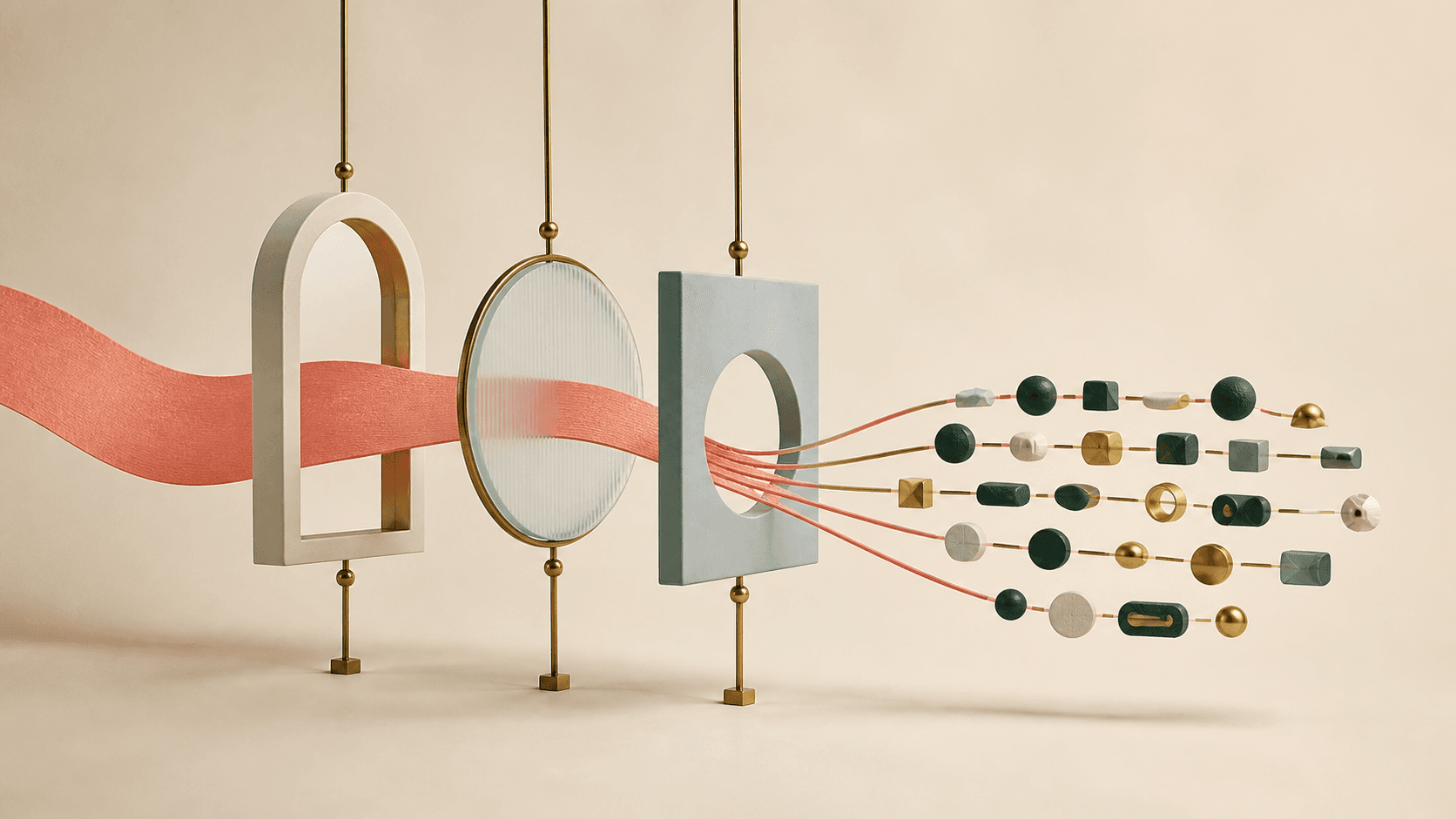 Abstract coral ribbon transforming into an organized sequence of actions