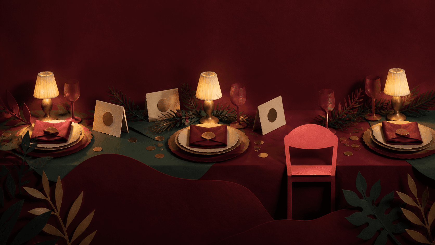 Paper-cut hotel banquet setting with one highlighted empty chair