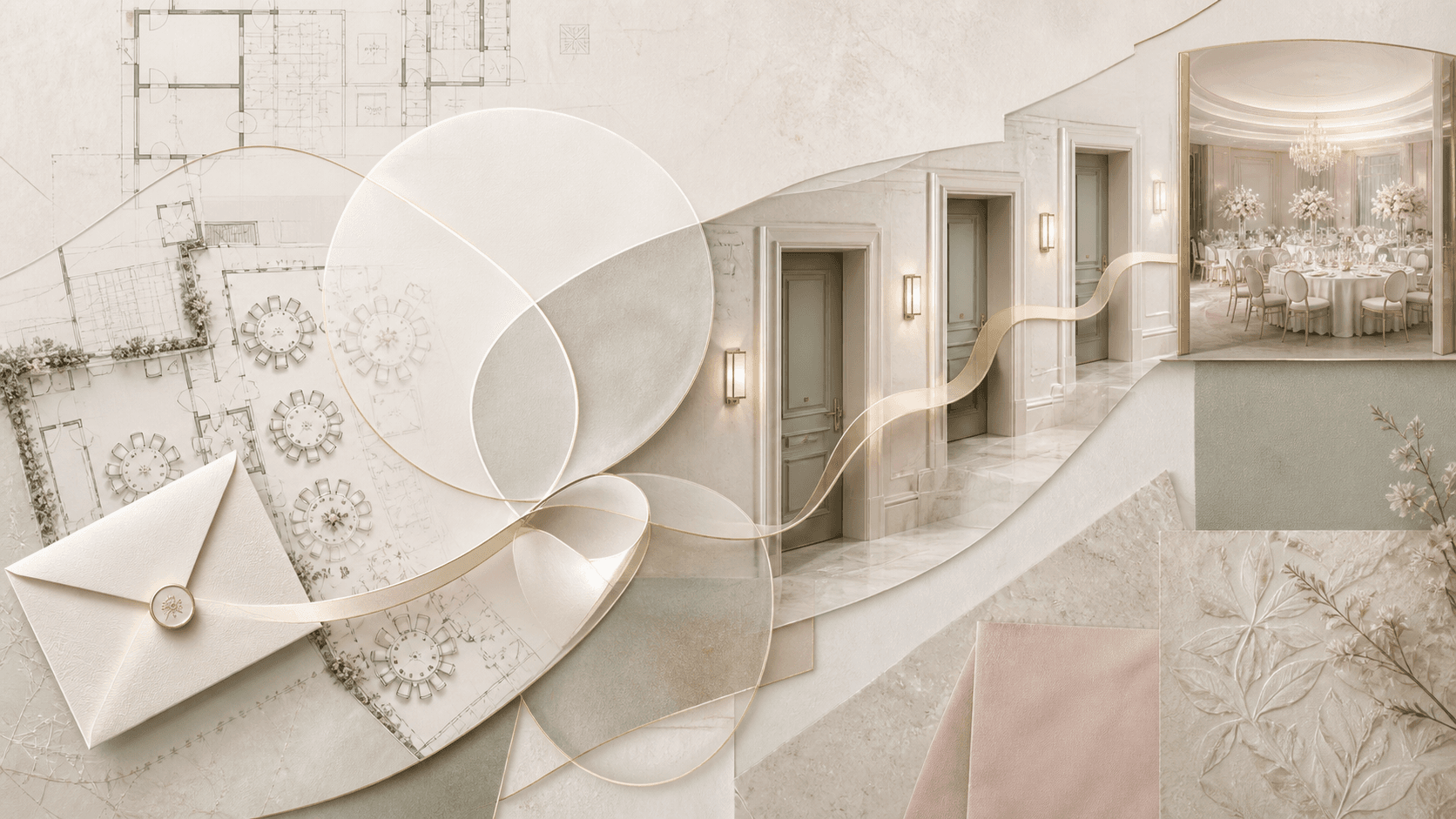 Architectural collage connecting a wedding inquiry to hotel rooms and a ballroom