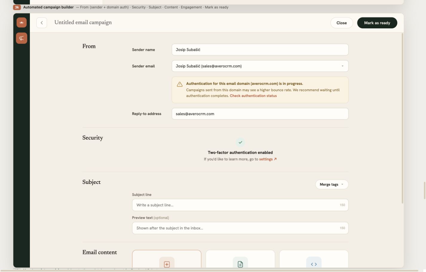 Automated campaign builder with sender and security settings