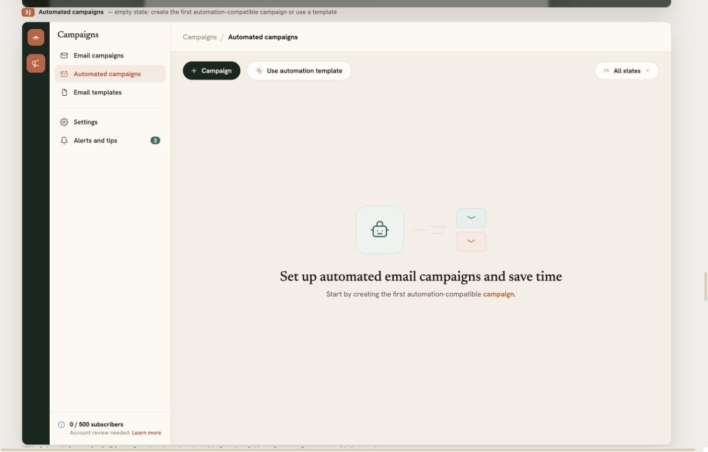 Automated email campaigns workspace in Avero