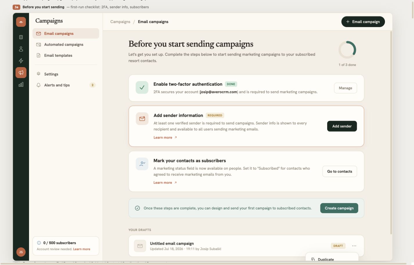Avero Email Campaigns onboarding checklist