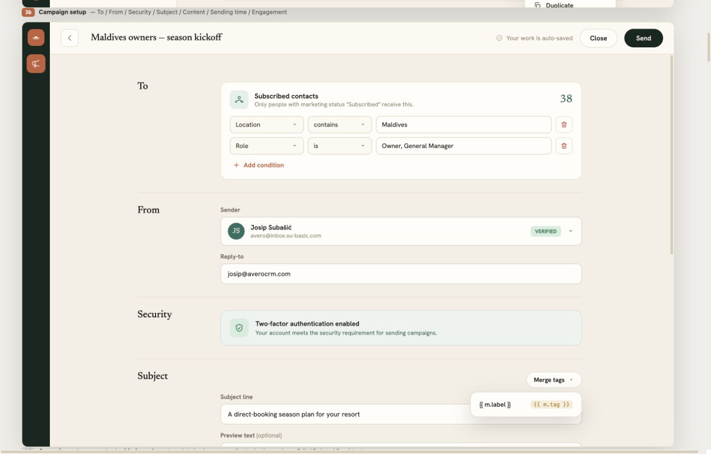 Campaign audience and verified sender setup in Avero